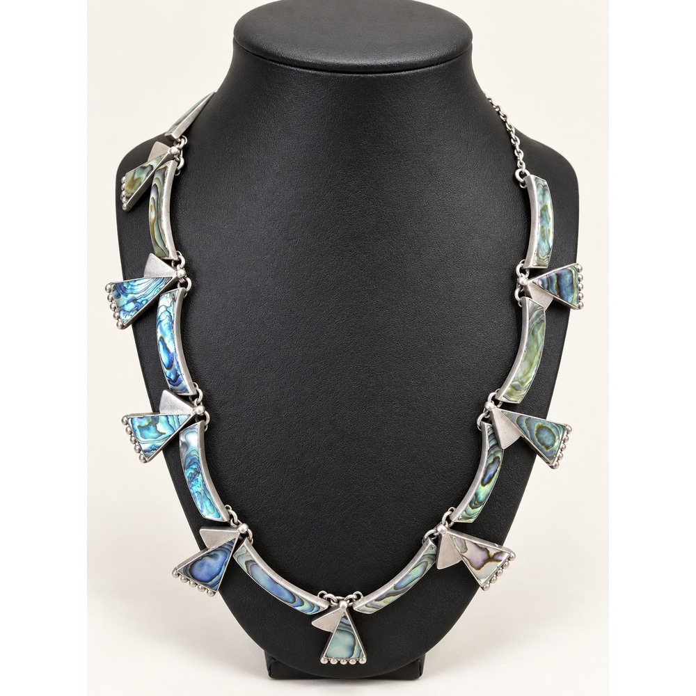 Signed Miguel Garcia Taxco Modernist Sterling Silver Abalone Mosaic Bib Necklace